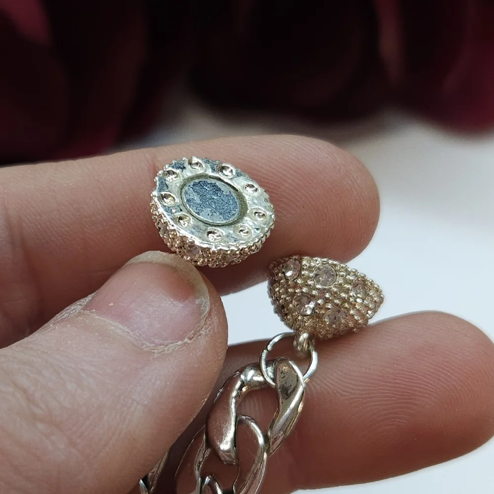 Chunky Silver Curb Chain & Crystal Bead Clasp Bracelet Magnetic Clasp